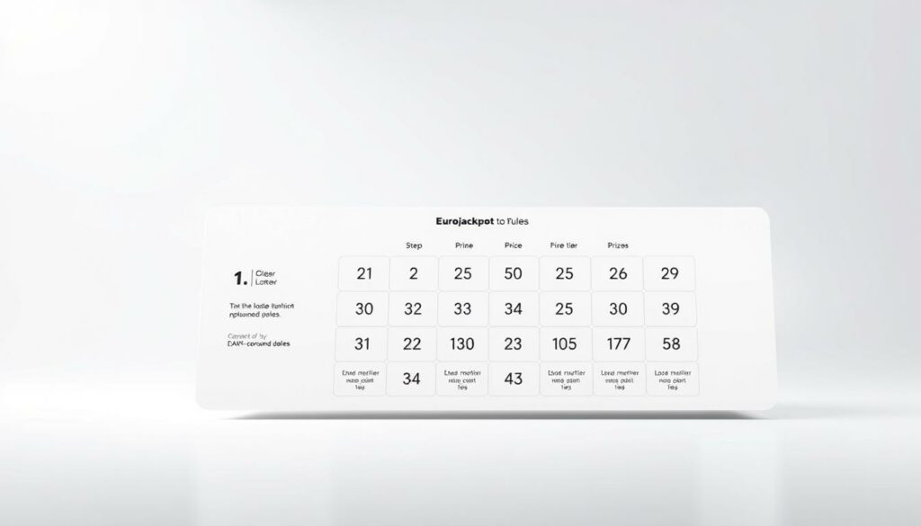 A sleek, modern illustration of the Eurojackpot game rules, featuring a clean and minimalist design. The foreground showcases the key steps of the game, with simple icons and numbered elements against a neutral background. The middle ground highlights the different prize tiers, using a grid-like layout to convey the information clearly. The background features subtle geometric patterns and gradients, creating a sense of depth and reinforcing the overall polished aesthetic. The lighting is soft and diffused, with a slight vignette effect to draw the viewer's attention to the central elements. The angle is slightly elevated, giving the impression of an informative, yet visually appealing infographic.