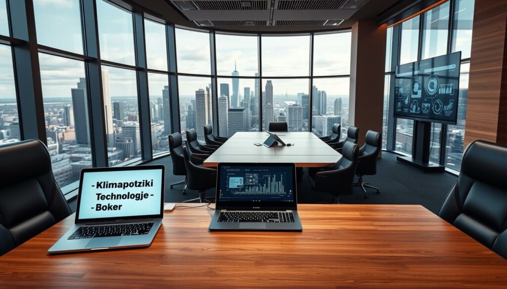 A sleek, modern office interior with floor-to-ceiling windows overlooking a bustling cityscape. In the foreground, a large wooden desk with a high-tech computer setup, surrounded by high-backed leather chairs. On the desk, an open laptop displaying a presentation titled "Klimapolitik Technologie". In the middle ground, a minimalist meeting table with chairs, and a large interactive screen displaying technical diagrams and schematics. The background features a panoramic view of the city, with skyscrapers and modern infrastructure, bathed in warm, natural lighting. The overall atmosphere conveys a sense of progress, innovation, and technology-driven solutions to environmental challenges.