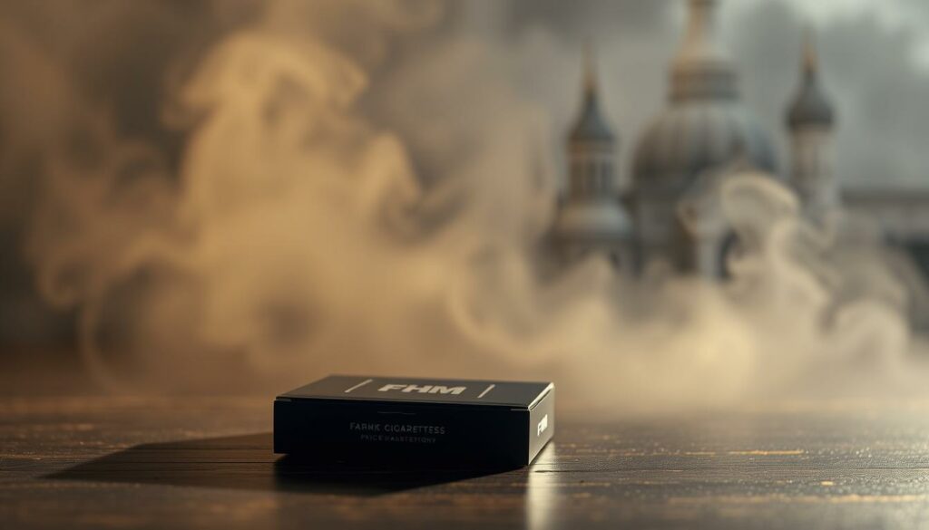 A sleek, modern package of FHM cigarettes, sitting prominently on a dark, wood-grained surface. The packaging is illuminated by a soft, warm light, casting subtle shadows and highlights that accentuate the texture and design. In the background, a hazy, atmospheric gradient suggests a sense of subtle unease, hinting at the impending price increase. The composition is balanced and visually striking, drawing the viewer's attention to the central focus of the cigarette pack and the potential impact of the tax hike.