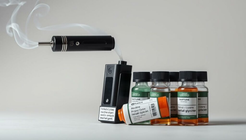 A sleek, modern vape device hovers against a muted background, its vapor trails swirling with a subtle iridescence. Nestled beside it, a collection of vape juice bottles, their labels displaying the key ingredients like nicotine, propylene glycol, and vegetable glycerin. The lighting is soft and diffused, creating a sense of scientific precision and clinical detachment. The composition is balanced, with the vape device and bottles occupying the foreground, while the background fades into a neutral, slightly blurred plane, allowing the subject matter to take center stage. The overall tone is one of informative clarity, inviting the viewer to explore the components and contents of this increasingly popular smoking alternative.