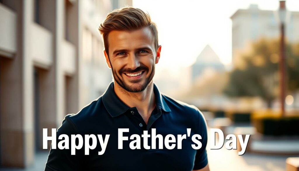 A smiling David Beckham posing for a heartfelt Father's Day social media post, bathed in warm natural light. He stands outdoors against a blurred urban backdrop, dressed casually in a navy blue polo shirt. Beckham's expression is affectionate as he looks directly at the camera, conveying a sense of paternal pride and familial love. The composition is clean and focused, with a shallow depth of field to draw the viewer's attention to Beckham's face. An intimate, celebratory mood permeates the scene, reflecting the spirit of the special occasion.
