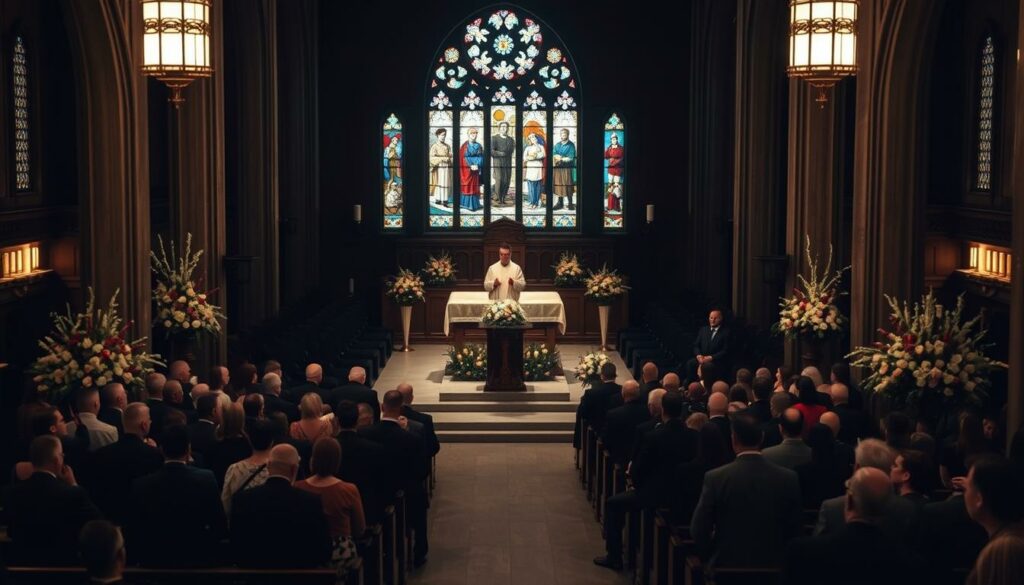 A solemn church interior, dimly lit by soft, warm lighting. The casket of Diogo Jota and André Silva rests at the altar, surrounded by a sea of mourners dressed in black. Stained glass windows cast ethereal hues across the pews, where family and friends sit in reverent silence. The atmosphere is heavy with grief, yet the space exudes a sense of dignity and respect for the departed. Elaborate floral arrangements adorn the sanctuary, their delicate petals a bittersweet contrast to the somber occasion. The priest stands at the pulpit, ready to deliver a poignant eulogy that will honor the lives of these two beloved footballers.
