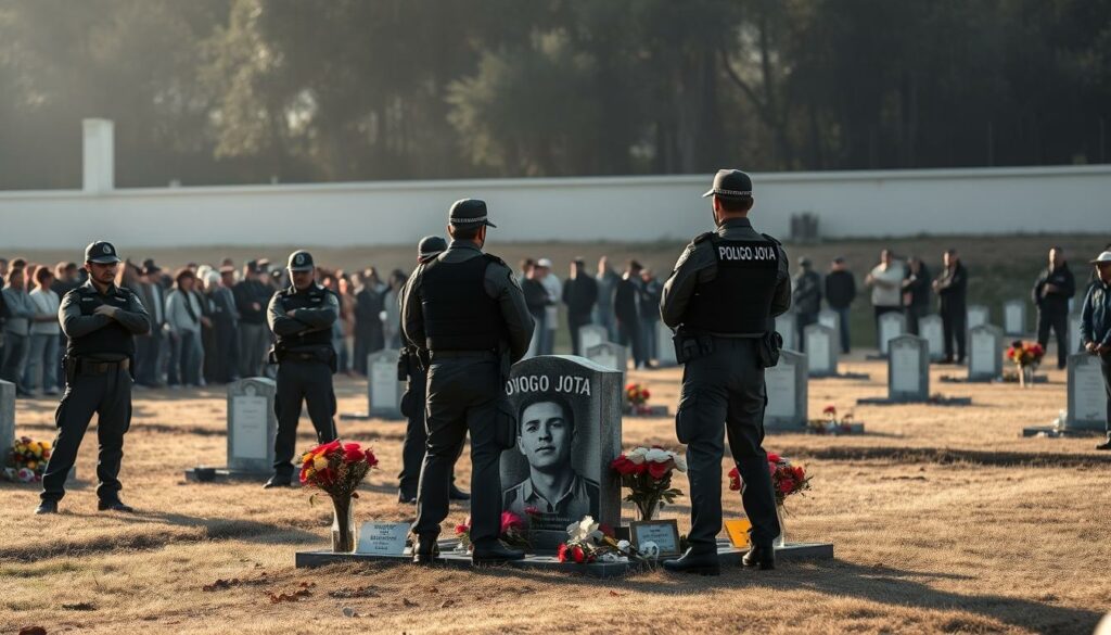 A solemn police operation unfolding at the gravesite of a young soccer player, Diogo Jota. Uniformed officers stand vigilant, securing the perimeter as a crowd of somber, reverent fans gathers respectfully. Soft, overcast lighting casts long shadows across the serene cemetery, while the weathered headstone and freshly tended flowers convey a sense of profound loss. The scene is one of somber duty, as the authorities maintain order and dignity at this hallowed ground, honoring the memory of the departed athlete.