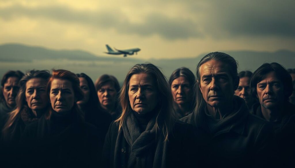 A solemn portrait of the victims, their faces etched with melancholy, set against a muted, atmospheric backdrop. In the foreground, individual portraits in soft, muted tones, capturing the essence of each person's story and character. In the middle ground, a hazy, dreamlike landscape suggests the fateful flight, while the background fades into a contemplative, pensive mood. Subtle lighting from the side casts shadows that add depth and poignancy to the scene. The overall tone is one of quiet contemplation, inviting the viewer to reflect on the lives and circumstances of those lost.