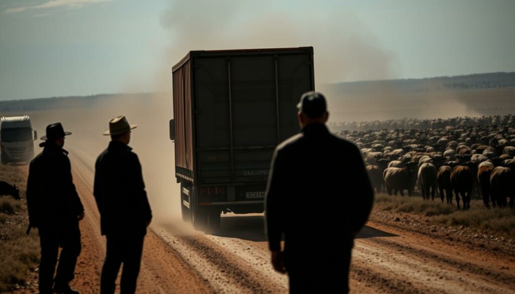 A somber and harrowing scene unfolds - a transport truck, its cargo obscured, rumbles down a dusty, remote road. The air is thick with tension, the mood heavy with the weight of moral responsibility. In the foreground, shadows of officials and activists loom, their postures reflecting the conflict of blame and accountability. The middle ground is a blurred chaos of regulations, logistics, and broken promises. And in the distant background, the silhouette of a herd, their fate uncertain, serves as a silent, haunting reminder of the consequences of this "Verantwortungskonflikt im Tiertransport Skandal". Dramatic lighting casts sharp contrasts, emphasizing the gravity of the situation. This cinematic wide-angle composition captures the essence of the struggle to determine who bears the burden of responsibility.