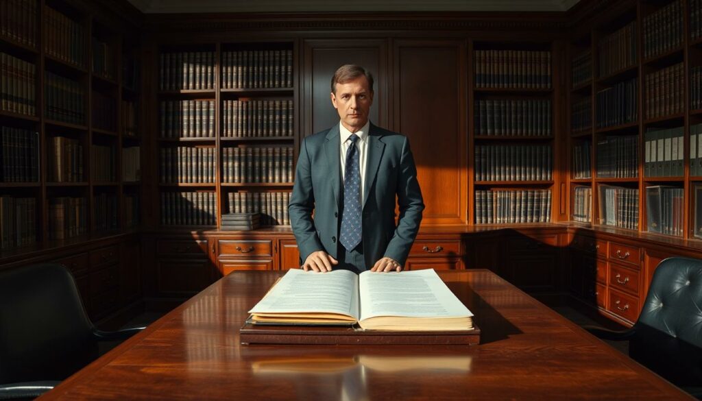A somber, bureaucratic office scene with a serious-looking public servant, dressed in a crisp suit, standing at a large wooden desk. Bookshelves and filing cabinets line the walls, casting long shadows in the dim lighting. On the desk, an official-looking document is prominently displayed, hinting at the weighty consequences and regulations the subject must grapple with. The atmosphere is one of gravity and professionalism, reflecting the gravity of the situation faced by civil servants in this new policy environment.