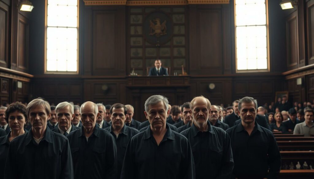 A somber courtroom setting, illuminated by warm, natural light filtering through tall windows. In the foreground, a group of defendants stand solemnly, their expressions a mix of anxiety and determination. Their faces are visible, but without identifying details, allowing the viewer to focus on the gravity of the situation. The middle ground features the judge's bench, raised and imposing, casting a stern shadow over the proceedings. In the background, rows of wooden benches and spectators, their faces obscured, create a sense of tension and heightened emotions. The overall atmosphere is one of high stakes and profound consequences, reflecting the weight of the "Die Angeklagten: Wer steht vor Gericht?" section.
