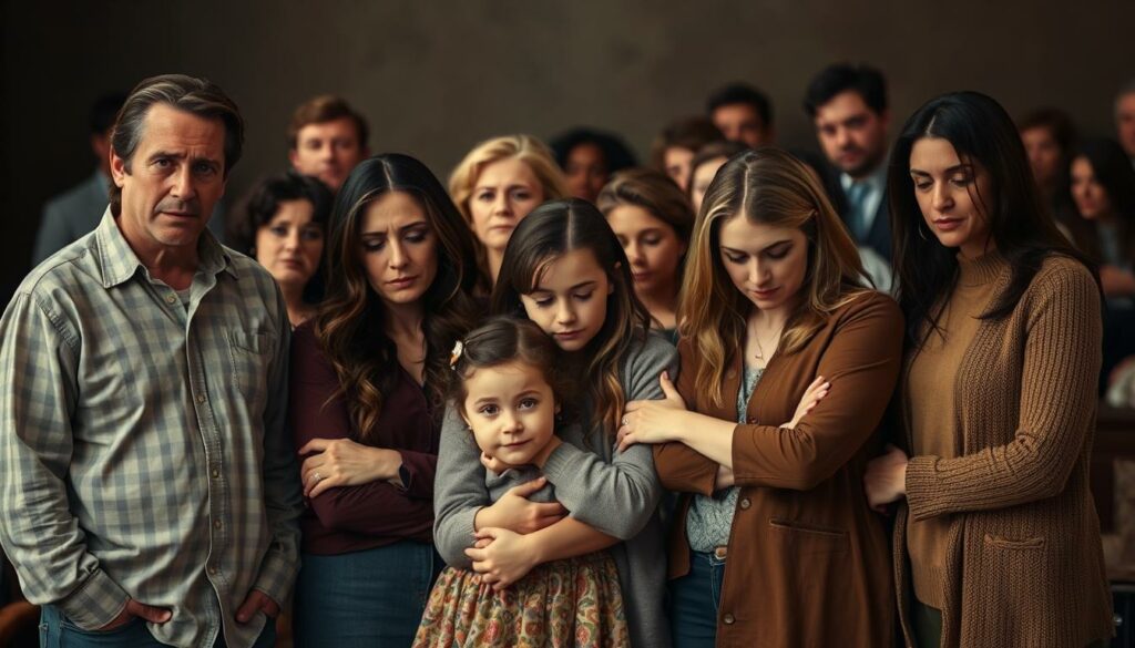 A somber, emotional scene unfolds as a grieving family and their colleagues mourn the loss of a beloved "Charmed" star. In the foreground, a group of individuals - a spouse, children, and close friends - stand together, their faces etched with profound sadness and anguish. Their postures and gestures convey a sense of deep sorrow, with some individuals embracing one another for comfort. The middle ground features additional colleagues and acquaintances, their expressions mirroring the family's grief. The background is softly blurred, creating a sense of intimacy and focus on the central figures. Muted, earthy tones predominate, reflecting the solemnity of the moment. Soft, diffused lighting casts a somber, contemplative atmosphere over the scene, emphasizing the heart-wrenching nature of this profound loss.