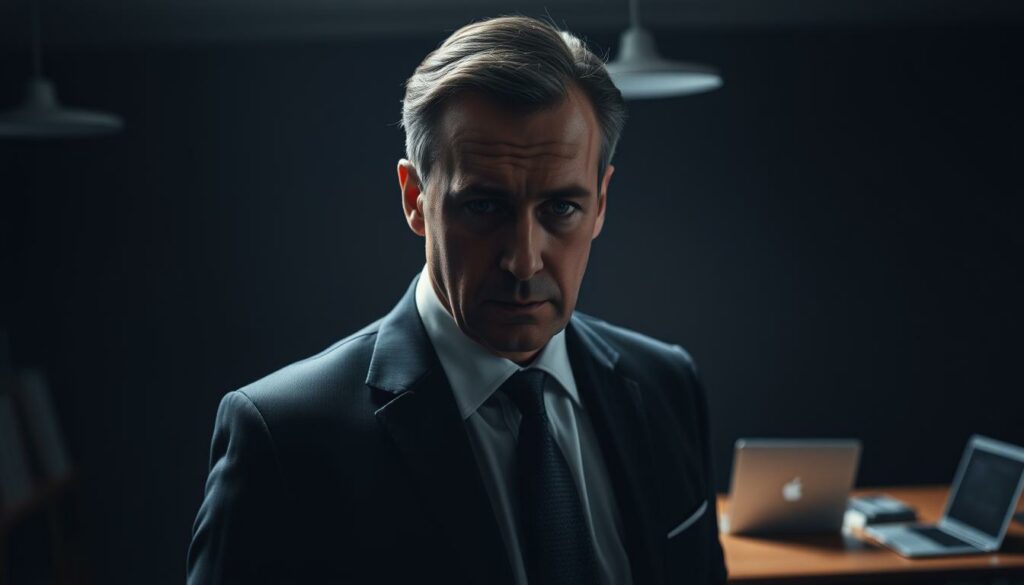 A somber, high-contrast scene depicting a businessman in a suit, René Benko, standing in a dimly lit office. The background is blurred, with a hint of legal documents and a laptop visible, suggesting an investigation. Benko's expression is serious, his brow furrowed, conveying a sense of tension and unease. The lighting casts dramatic shadows, accentuating the gravity of the situation. The overall mood is one of scrutiny and potential wrongdoing, reflecting the title "Ermittlungen gegen René Benko".