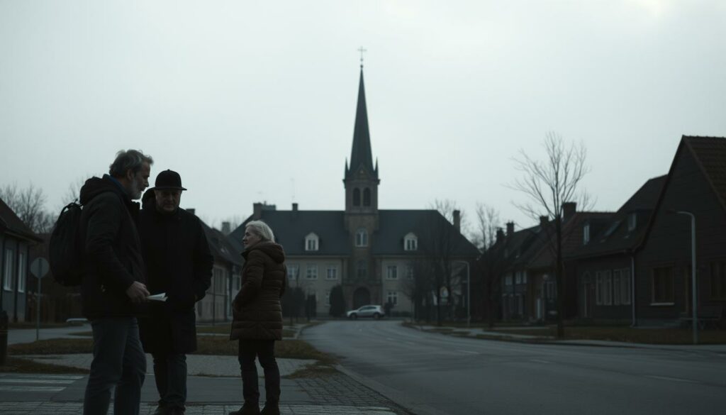 A somber, low-key scene in a small German town, its residents visibly shaken by the recent events. In the foreground, a few locals gather in hushed conversation, their expressions clouded with worry. The middle ground depicts deserted streets, windows shuttered, a sense of unease permeating the air. In the background, the outline of a church steeple rises against a muted, overcast sky, a symbol of the community's resilience in the face of adversity. Muted tones of gray, blue, and sepia evoke the somberness of the situation, while the use of soft, diffused lighting lends an air of melancholy. The overall atmosphere conveys the somber impact on the small-town population, their lives disrupted by the actions of a notorious local gang leader.
