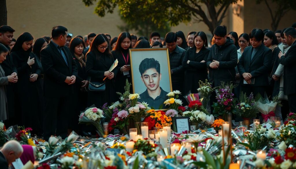 A somber memorial gathering, with mourners leaving heartfelt condolences and tributes for the late social media star Aldo Miranda. In the center, a large portrait of Aldo surrounded by an array of flowers, candles, and personal mementos. The attendees, dressed in subdued tones, stand in quiet contemplation, their expressions reflecting the weight of the loss. The scene is bathed in a warm, diffused light, creating an atmosphere of reverence and solemnity. The background is softly blurred, allowing the focal point of the memorial to take center stage, capturing the essence of the community's collective grief and remembrance.