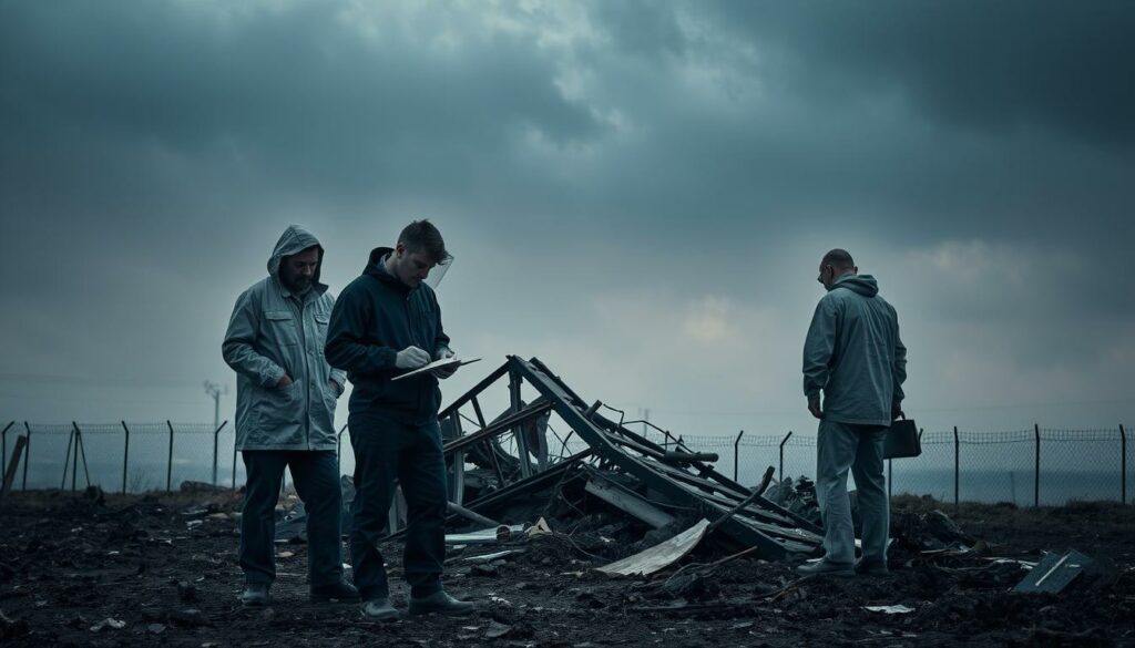 A somber scene of a detailed investigation into the cause of a tragic accident. In the foreground, a team of forensic experts carefully examining the site, their expressions grave as they meticulously document evidence. The middle ground reveals the aftermath, a twisted, damaged structure casting an ominous shadow. In the background, a moody, overcast sky sets the tone, conveying a sense of sorrow and the weight of the situation. Soft, muted lighting illuminates the scene, highlighting the seriousness and importance of the investigation. The overall atmosphere is one of solemn, focused determination to uncover the truth and prevent such a tragedy from happening again.