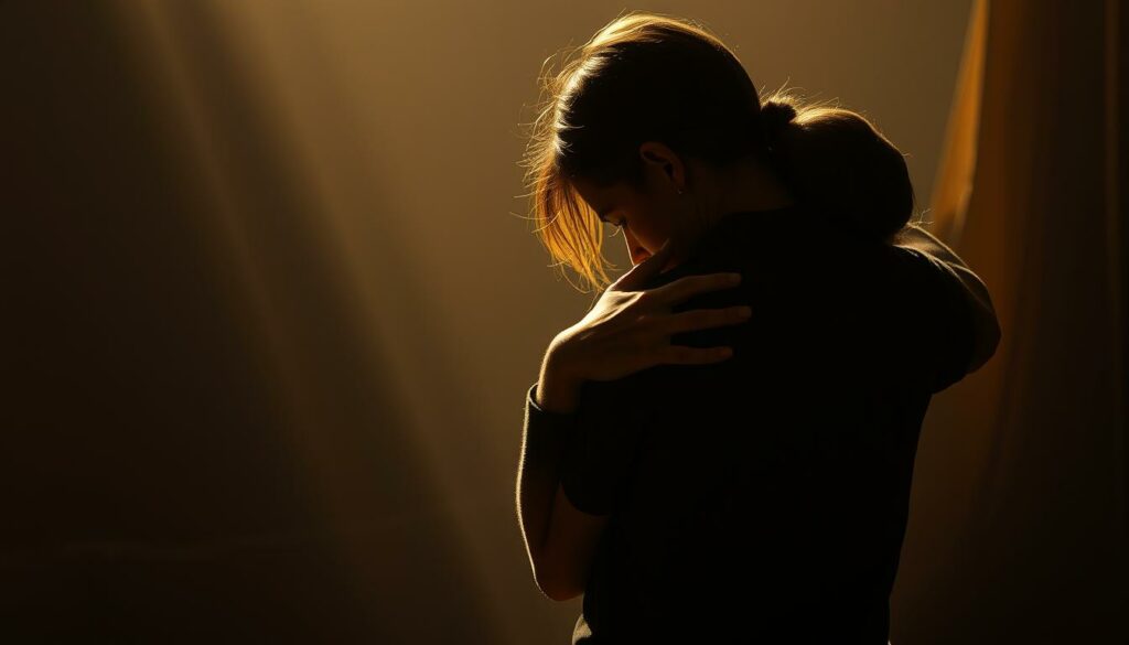 A somber scene of solace and support, bathed in warm, golden light. In the foreground, a figure embraces another, their postures conveying the weight of grief and the comfort of companionship. Shadows dance softly, creating a sense of intimacy and protection. The middle ground features a serene, muted backdrop, hinting at a tranquil, sheltered space, a sanctuary for healing. Subtle details, such as a gentle hand on a shoulder or a bowed head, convey the depth of emotion and the quiet understanding that binds the two figures together. The overall atmosphere evokes a sense of solace, empathy, and the resilience that can emerge from the darkest of times.