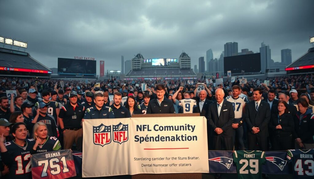 A somber yet heartwarming scene of the NFL community coming together in a fundraising event to support their fallen teammate, Bryan Braman. In the foreground, a group of players, coaches, and staff members, their expressions solemn yet determined, gather around a podium adorned with NFL logos and a large banner that reads "NFL Community Spendenaktion." The middle ground features a crowd of fans, their faces filled with compassion and a sense of unity, holding up signs and jerseys in tribute to Braman. In the background, the iconic stadiums and skylines of an NFL city serve as a backdrop, lending a sense of grandeur and gravitas to the proceedings. The lighting is soft and muted, conveying the gravity of the occasion, while the camera angle is slightly elevated, capturing the scale and significance of the event.