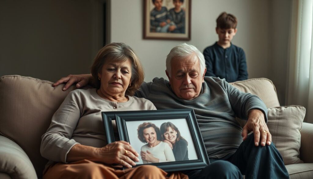A sombre family portrait of the Hauser family, captured in the soft, diffused light of their living room. In the foreground, a middle-aged couple sit together on a plush sofa, their bodies hunched, faces etched with grief. The wife clutches a framed photograph, her eyes brimming with tears. The husband places a comforting hand on her shoulder, his expression one of profound sorrow. In the background, a teenage boy stands alone, his gaze downcast, shoulders slumped - the weight of his loss evident in every line of his body. The scene is imbued with a sense of profound melancholy, a family united in their deepest anguish, their "greatest gift" taken too soon.