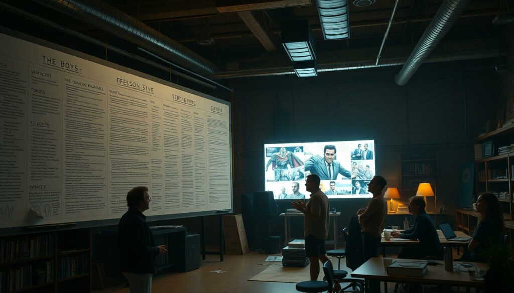 A sprawling, cinematic scene depicting the planning and development of "The Boys" television series. In the foreground, a large whiteboard displays a detailed five-season storyline, filled with character arcs, plot points, and intricate notes. In the middle ground, a group of writers and producers, led by showrunner Eric Kripke, engaged in animated discussion, their faces illuminated by the glow of a large monitor displaying concept art and storyboards. The background is a dimly lit, industrial-style writers' room, with bookshelves, desks, and a sense of creative energy and collaboration. The lighting is a moody, cinematic mix of warm and cool tones, creating a sense of intensity and focus. The overall atmosphere conveys the meticulous planning and vision behind the acclaimed superhero series.