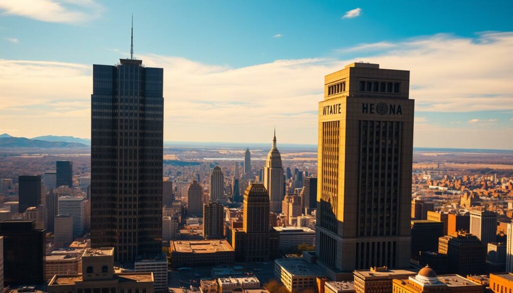 A sprawling cityscape, with towering skyscrapers and bustling streets, set against a backdrop of rolling hills and a vibrant blue sky. In the foreground, a pair of imposing, monolithic structures stand, representing the two dominant political parties of the United States. Their facades are adorned with intricate patterns and symbols, hinting at the complex web of rules and regulations that govern the US two-party system. The scene is bathed in warm, golden light, creating a sense of both authority and unease, as the viewer contemplates the challenges faced by a new political movement attempting to break through this established duopoly. The overall composition conveys a sense of scale, power, and the formidable obstacles that must be overcome to reshape the American political landscape.