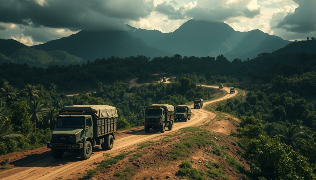 A sprawling network of secret airstrips and clandestine supply routes criss-crosses the dense jungles of Central America. Camouflaged supply trucks loaded with illicit cargo navigate winding dirt roads, evading the watchful eyes of law enforcement. In the background, towering mountains loom, their peaks shrouded in mist. The scene conveys a sense of danger and intrigue, the shadowy world of drug smuggling operations that have plagued the region for decades. Dramatic low-angle lighting casts dramatic shadows, heightening the tense, ominous atmosphere. The image should be rendered in a gritty, photorealistic style, capturing the harsh realities of this illicit trade.