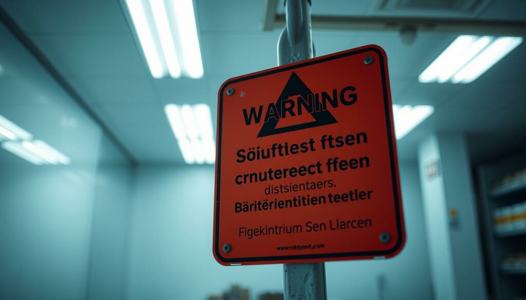 A stark warning sign against counterfeit food products, illuminated by a harsh, fluorescent light. A detailed, realistic depiction in the foreground, with a clean, clinical background. Meticulously rendered text in a bold, Germanic typeface conveys the gravity of the message. The image projects a sense of urgency and consumer protection, fitting the section title "Risiken für Verbraucher: Warum Experten warnen". Captured through a wide-angle lens to emphasize the importance of the warning, with subtle shadows and highlights adding depth and realism.