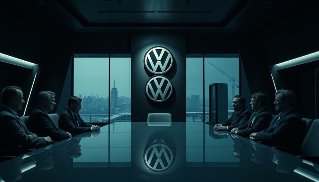 A strategic corporate boardroom, dimly lit with a somber atmosphere. In the foreground, a team of Volkswagen executives sit around a sleek, polished table, expressions grave as they discuss critical measures to address the company's plummeting profits. Muted colors and angular architectural details create a sense of seriousness and gravitas. The middle ground features a towering, imposing VW logo, casting a shadow over the proceedings, while the background showcases a panoramic view of the Volkswagen headquarters, hinting at the scale and magnitude of the challenges faced. Cinematic lighting and a sense of tension permeate the scene, capturing the high-stakes nature of the strategic decisions being made.