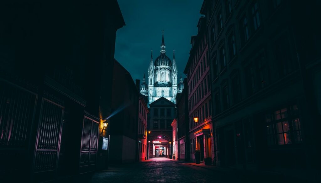 A striking cityscape of Karlsruhe's top BDSM locations, bathed in a sensual chiaroscuro. In the foreground, the imposing exterior of a prestigious dungeon, its severe lines and heavy iron gates hinting at the delights within. In the middle ground, a discreet alleyway leading to a hidden club, its neon-lit entrance beckoning the curious. In the distance, the iconic spires of Karlsruhe Palace rise majestically, a symbol of the city's kinkier underbelly. The scene is imbued with an air of mystery and anticipation, inviting the viewer to explore the illicit pleasures that lurk beneath Karlsruhe's refined facade.