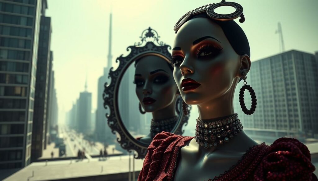 A striking, hyper-realistic depiction of the "Schönheitsindustrie Kritik" or the critique of the beauty industry. In the foreground, a faceless mannequin-like figure adorned with garish, exaggerated makeup and accessories, symbolizing the unrealistic beauty standards perpetuated by the industry. The middle ground features a distorted, kaleidoscopic mirror reflecting the figure, creating a disorienting and unsettling effect. In the background, a hazy, dystopian cityscape with towering, minimalist buildings, conveying the impersonal and overwhelming nature of the beauty-obsessed culture. Dramatic, low-angle lighting casts dramatic shadows, heightening the sense of unease and underlying criticism. The overall tone is one of subversion, exposing the damaging effects of the beauty industry's relentless pursuit of an unattainable ideal.