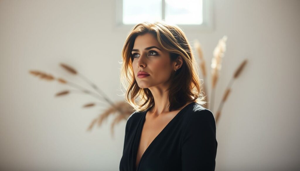 A striking portrait of Caterina Murino, the Italian actress best known for her role as a Bond girl, captured in a serene and contemplative moment. She stands elegantly in a sunlit studio, her gaze directed thoughtfully off-camera. Murino's elegant features are accentuated by soft, flattering lighting, drawing the viewer's attention to her pensive expression. The background features a simple, yet artful arrangement of natural elements, hinting at her passion for animal welfare and environmental causes. The overall composition exudes a sense of tranquility and introspection, conveying Murino's heartfelt engagement with the cause of animal wellbeing.