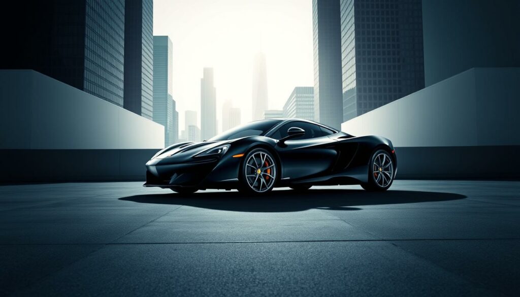 A stylish and eye-catching automotive advertisement campaign, featuring a sleek sports car in the foreground. The car is positioned in an urban setting, with a dynamic and bold lighting setup that casts dramatic shadows and highlights the vehicle's sculpted lines. The background showcases a minimalist cityscape, with skyscrapers and modern architecture creating a sense of sophistication and modernity. The overall composition is balanced and visually striking, conveying a sense of power, speed, and sophistication that would captivate the viewer and leave a lasting impression.