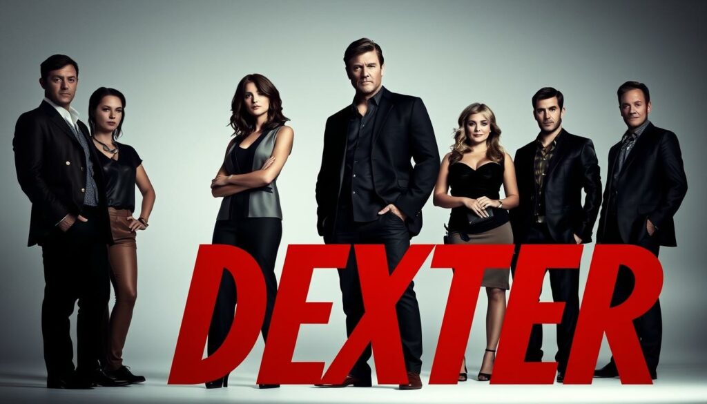 A stylish ensemble portrait of the cast of the new Dexter season, captured with a cinematic, high-contrast lighting setup. The actors are posed confidently in the foreground, their expressions conveying a sense of mystery and anticipation. The background is softly blurred, creating a sleek, sophisticated atmosphere befitting the return of this iconic serial killer drama. The lighting is dramatic, with bold shadows and highlights accentuating the actors' facial features and body language. The overall composition is carefully balanced, drawing the viewer's eye to the central cast members while hinting at the darker themes and tension that will unfold in the new episodes.
