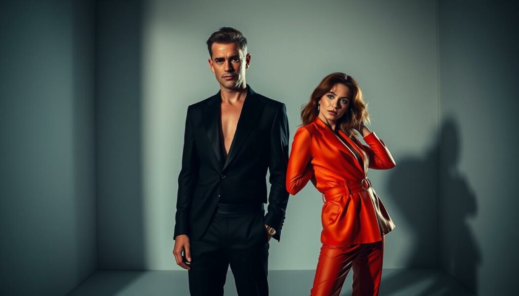 A stylish fashion shoot in a dimly lit studio, featuring Calvin Kleinen and Cathy Hummel in an unexpected collaboration. Kleinen, dressed in a sleek monochrome ensemble, stands tall and confident, his gaze meeting the camera. Hummel, in a bold, colorful outfit, poses playfully beside him, their body language suggesting an intriguing dynamic. Soft, dramatic lighting casts dramatic shadows, creating a moody, atmospheric setting. The frame is carefully composed, with the subjects positioned to highlight their unique partnership. The overall mood is one of intrigue, fashion-forward elegance, and a hint of the unexpected.
