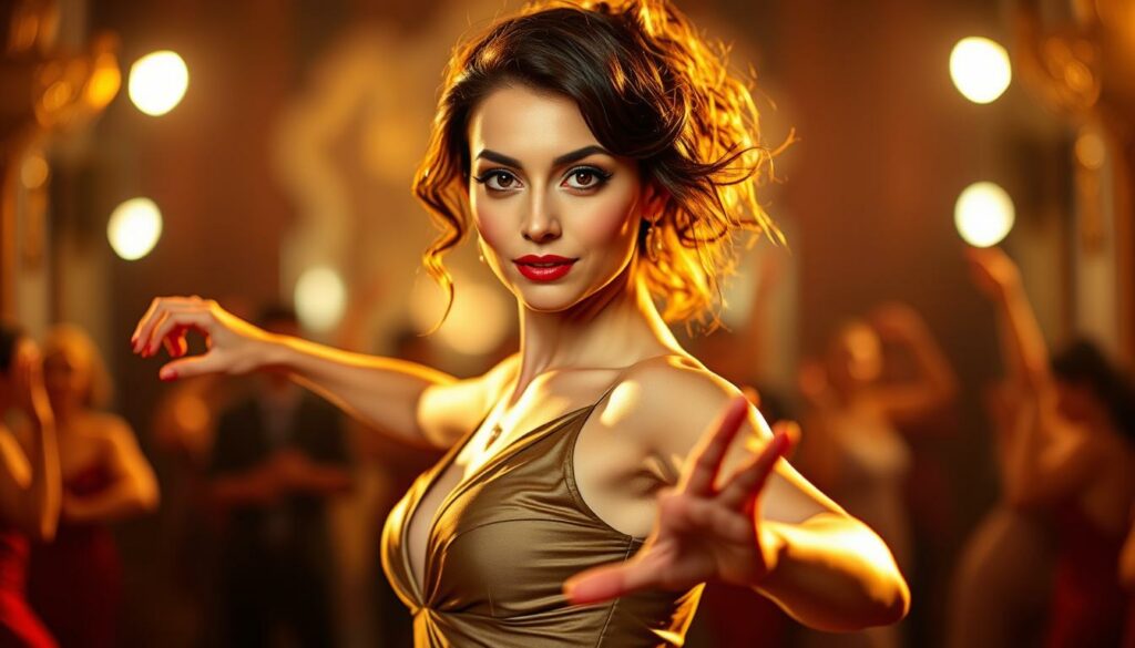 A stylishly dressed woman with elegant makeup and a vibrant, confident expression stands center frame, her gaze fixed on the camera. She is Lulu Lewe, Sarah Connor's sister, captured in the midst of a dynamic dance performance, her body gracefully poised, hinting at the artistry and passion that has shaped her career in the shadow of her famous sibling. The scene is bathed in warm, golden lighting, creating a sense of intimacy and drama. The background is blurred, drawing the viewer's focus to Lulu's captivating presence, as if she is the sole star of this moment, commanding the stage and the spotlight.