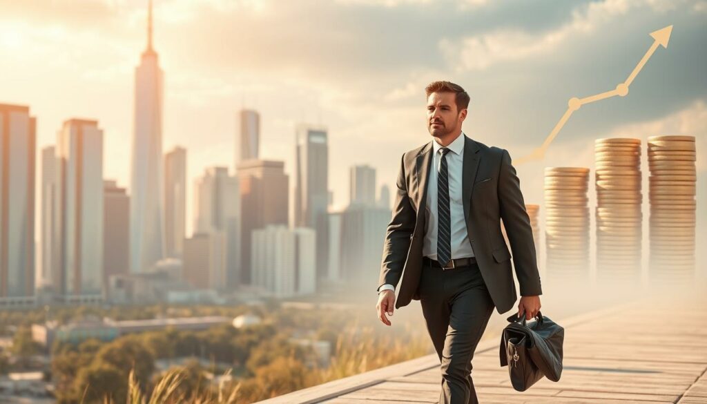 A successful entrepreneurial journey, captured in an evocative visual narrative. In the foreground, a determined individual strides purposefully, dressed in a tailored suit, exuding confidence and poise. The middle ground reveals a landscape of towering skyscrapers, representing the challenges and opportunities of the corporate world. Soft, warm lighting bathes the scene, creating a sense of optimism and achievement. In the background, a symbolic representation of financial growth, with stacks of coins and charts ascending, reflecting the hard-won successes of this entrepreneurial endeavor. The composition conveys a sense of momentum, progression, and the fulfillment of ambition.