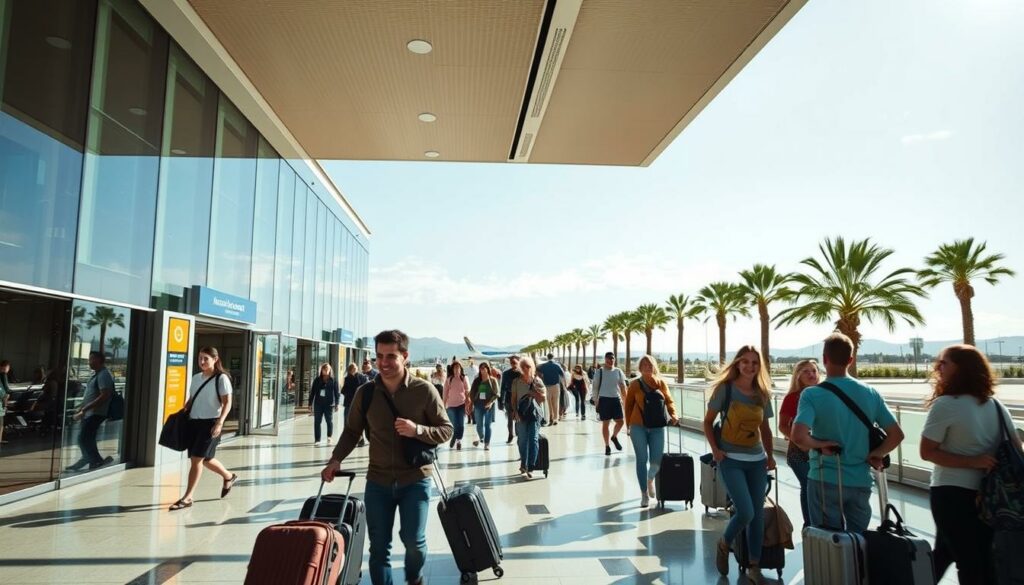 A sun-drenched arrival at Mallorca Airport, with travelers navigating the bustling terminal. In the foreground, a group of tourists wheel their luggage through the arrivals hall, their faces filled with excitement for the island adventure ahead. The middle ground showcases the sleek, modern architecture of the airport, with glass walls allowing natural light to flood the space. In the background, palm trees sway gently, hinting at the Mediterranean paradise that awaits. The scene conveys a sense of anticipation and the beginning of a memorable vacation, set against the backdrop of Mallorca's iconic landscape. A sun-drenched arrival at Mallorca Airport, with travelers navigating the bustling terminal. In the foreground, a group of tourists wheel their luggage through the arrivals hall, their faces filled with excitement for the island adventure ahead. The middle ground showcases the sleek, modern architecture of the airport, with glass walls allowing natural light to flood the space. In the background, palm trees sway gently, hinting at the Mediterranean paradise that awaits. The scene conveys a sense of anticipation and the beginning of a memorable vacation, set against the backdrop of Mallorca's iconic landscape.