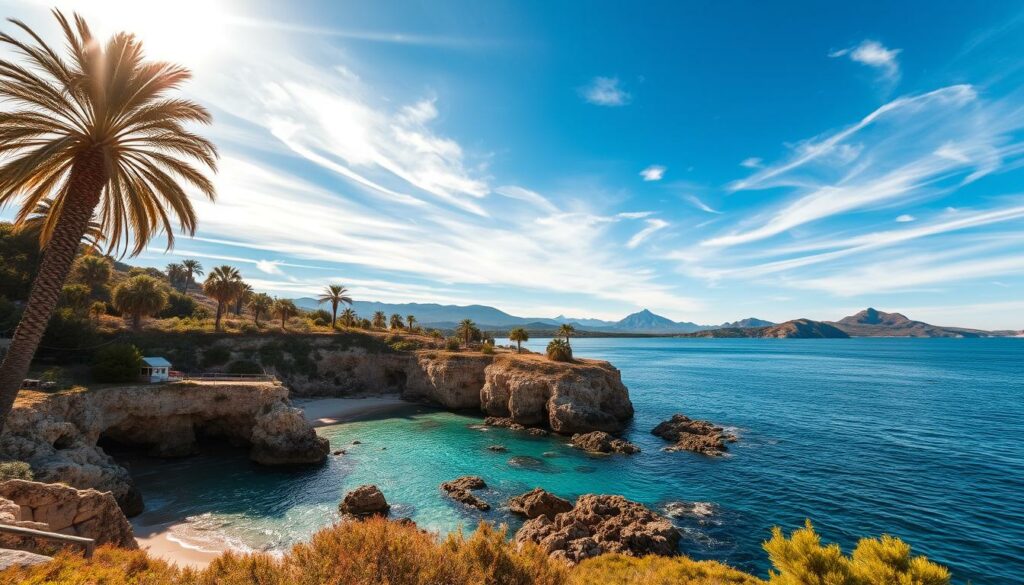 A sun-drenched seaside landscape on the island of Mallorca, capturing the ideal travel conditions. A picturesque cove with turquoise waters laps against a sandy beach, flanked by rugged limestone cliffs. Palm trees sway gently in the warm Mediterranean breeze. The sky is a brilliant azure, dotted with wispy clouds. Sunlight filters through, casting a golden glow over the scene. In the distance, the silhouettes of rolling hills and mountains rise up, hinting at the island's diverse terrain. The overall mood is one of tranquility, inviting the viewer to imagine a serene and rejuvenating holiday experience. A sun-drenched seaside landscape on the island of Mallorca, capturing the ideal travel conditions. A picturesque cove with turquoise waters laps against a sandy beach, flanked by rugged limestone cliffs. Palm trees sway gently in the warm Mediterranean breeze. The sky is a brilliant azure, dotted with wispy clouds. Sunlight filters through, casting a golden glow over the scene. In the distance, the silhouettes of rolling hills and mountains rise up, hinting at the island's diverse terrain. The overall mood is one of tranquility, inviting the viewer to imagine a serene and rejuvenating holiday experience.