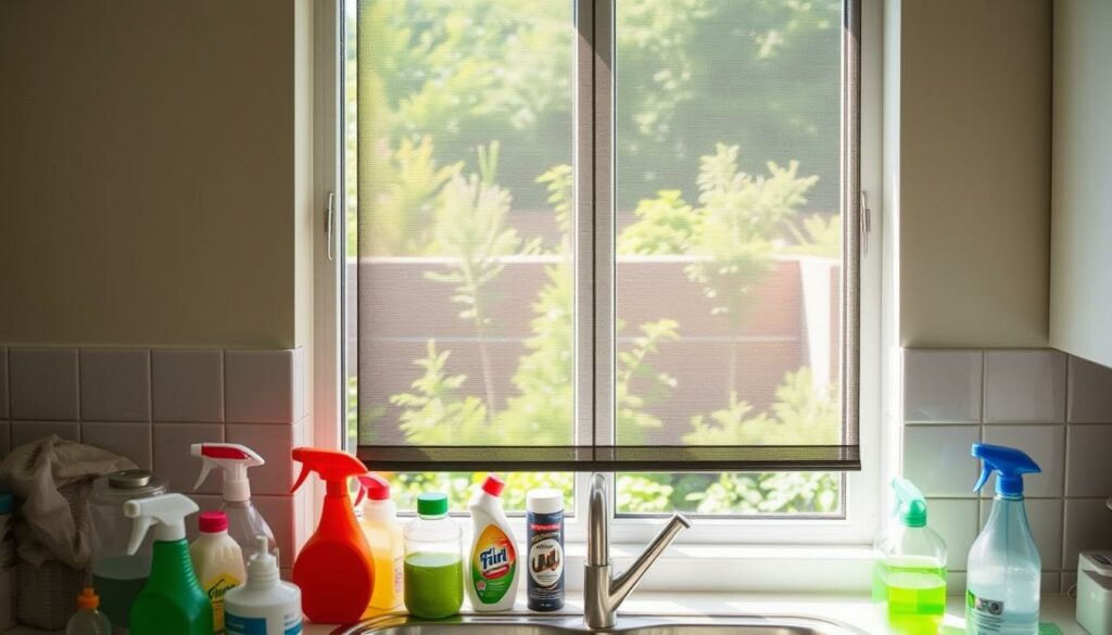 A sunny kitchen window with a fly screen installed, casting a soft, natural light across the room. In the foreground, various household cleaning supplies and products are neatly arranged, representing the importance of hygiene in preventing fly infestations. The middle ground showcases the fly screen itself, its sturdy mesh structure and secure framing, effectively blocking the entry of unwanted insects. In the background, a verdant garden scene can be glimpsed, emphasizing the connection between the indoor and outdoor environments. The overall atmosphere conveys a sense of cleanliness, order, and a proactive approach to maintaining a healthy, fly-free home.
