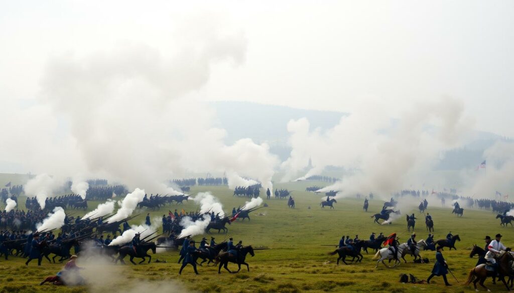 A sweeping battlefield scene of the decisive Battle of Königgrätz, also known as the Battle of Sadowa, on July 3, 1866. Billowing clouds of cannon smoke obscure the clash of Prussian and Austrian forces across a gently rolling landscape. In the foreground, infantrymen in Prussian blue and Austrian white uniforms exchange volleys, while artillery batteries unleash devastating barrages. In the middle distance, cavalry charges and countercharges unfold, the riders' sabers glinting in the hazy light. The background is dominated by the strategic town of Königgrätz, its steeples and rooftops barely visible through the haze of battle. The overall scene conveys the scope, intensity and drama of this pivotal engagement that decided the Austro-Prussian War.