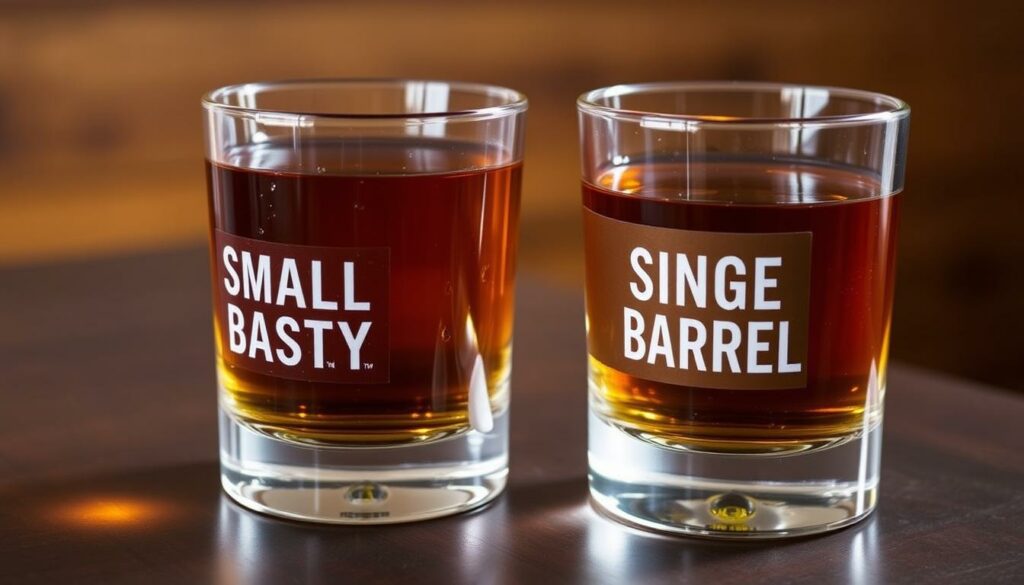 A table with two glasses of bourbon, one on the left labeled "Small Batch" and one on the right labeled "Single Barrel", set against a warm, wooden background. The glasses catch the soft light, highlighting the deep amber tones of the liquids. Droplets of condensation cling to the sides, reflecting the refined, artisanal nature of the products. The arrangement conveys a sense of comparison and contrast, inviting the viewer to explore the distinct characteristics of these two bourbon styles.