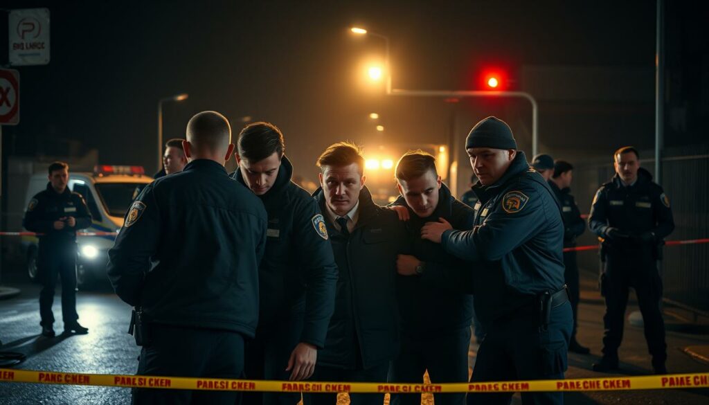 A team of Polizei officers conducting a meticulous investigation and making arrests at a tense crime scene. Bright spotlights illuminate the suspects as they are apprehended, their faces tense with anxiety. In the background, uniformed officers secure the perimeter, their body language conveying a sense of urgency and purpose. The scene is captured with a cinematic wide-angle lens, emphasizing the scale and drama of the unfolding events. The overall mood is one of intense, high-stakes law enforcement activity, with a sense of controlled chaos as the operation unfolds.