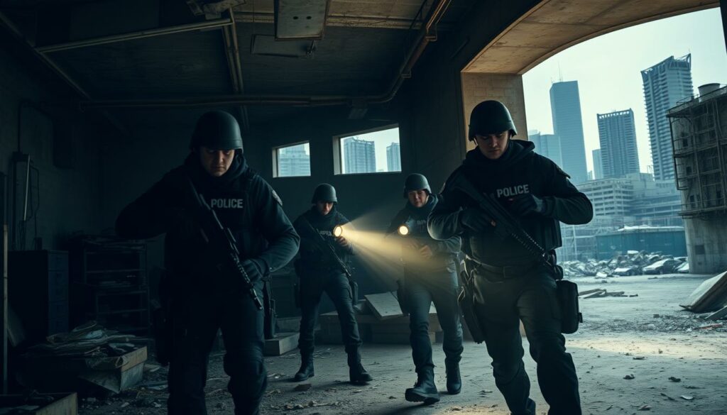 A team of law enforcement officers, clad in tactical gear, meticulously search an abandoned warehouse in a gritty, urban setting. Beams of light from their flashlights pierce the dim interior, illuminating the dusty, cluttered space as they methodically inspect every nook and cranny, seeking any hidden compartments or caches that could conceal the elusive weapons cache. The tense atmosphere is palpable, as the officers move with a sense of heightened awareness, their expressions focused and determined. In the background, a looming industrial skyline sets the stage, hinting at the complex history and potential dangers lurking within the city's shadows.