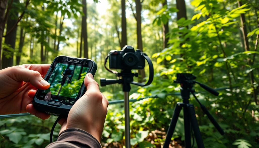 A technologically advanced geocaching setup in a serene forest setting. In the foreground, a hiker's hand holds a sleek, high-tech GPS device with a holographic display, delicately interacting with the device's controls. In the middle ground, a tripod-mounted camera captures the scene, its lenses reflecting the dappled sunlight filtering through the dense canopy overhead. In the background, a dense thicket of verdant foliage frames the scene, hinting at the hidden treasures that await the dedicated geocacher. The overall mood is one of focused exploration, blending man-made innovation with the tranquility of the natural world.