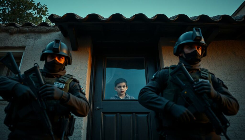 A tense and gripping scene unfolds as a highly trained SEK (Special Forces Command) unit approaches the modest home of the H. family. The air is thick with anticipation, the officers clad in tactical gear, weapons at the ready. Through the window, a young face, Mustafa (15), peers out, his expression a mix of fear and bewilderment. The scene is captured with cinematic flair, the low-angle perspective emphasizing the imposing presence of the law enforcement, the lighting dramatic and ominous, casting deep shadows across the exterior. The mood is one of unease and uncertainty, hinting at the grave circumstances that have brought the SEK to this family's doorstep.