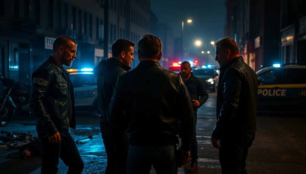 A tense, gritty street scene in a dimly lit urban setting. In the foreground, rival biker gang members square off, their leather jackets and menacing stares conveying an undercurrent of violence. The midground features debris and abandoned vehicles, casting ominous shadows. In the background, sirens wail and the flickering lights of police cars suggest an escalating confrontation. The scene is bathed in a moody, chiaroscuro lighting, creating a sense of impending danger and high-stakes conflict. Capture the sense of a powder keg about to explode, reflecting the "Eskalation der Gewalt" between the feuding Hells Angels factions.