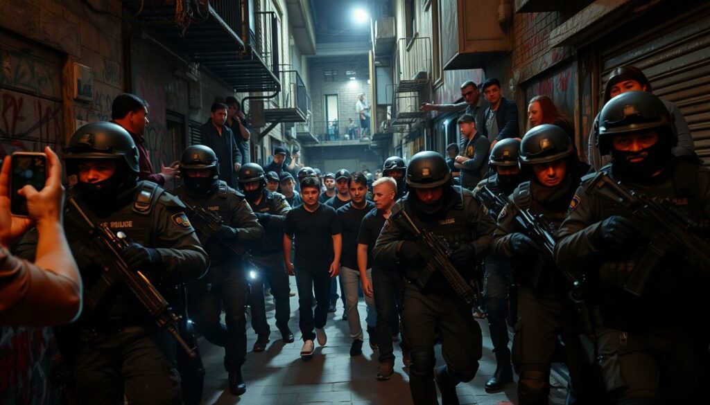 A tense police operation against organized crime in a densely populated urban neighborhood. A squad of heavily-armed, tactical-gear-clad officers swiftly but carefully advance down a dimly lit, graffiti-covered alley, flashlights piercing the shadows. In the middle ground, a group of sullen-faced individuals - suspected gang members - are being apprehended and searched. In the background, spectators watch warily from windows and doorways, capturing the scene on their phones. The atmosphere is charged with a palpable sense of danger and law enforcement authority, conveying the gravity of the situation and the high stakes involved in combating entrenched criminal networks.