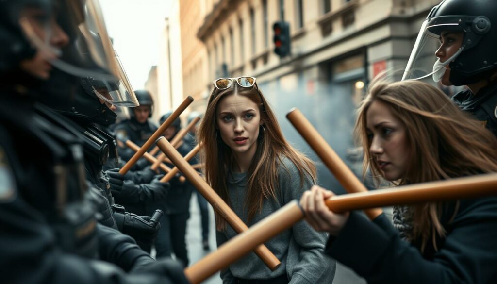 A tense scene unfolds in a city street, as two young women, Nele and Emilie, are confronted by a group of riot police wielding batons. The women's faces are etched with defiance, their bodies tense and ready to react. The officers, their uniforms crisp and imposing, stand in a defensive line, batons gripped tightly. The background is a blur of movement, suggesting the chaos and urgency of the situation. The lighting is harsh, casting dramatic shadows and highlights that accentuate the tension. The camera angle is slightly low, conveying a sense of the women's vulnerability and the officers' authority. The overall mood is one of impending conflict, capturing the gravity of the accusations against Nele and Emilie.