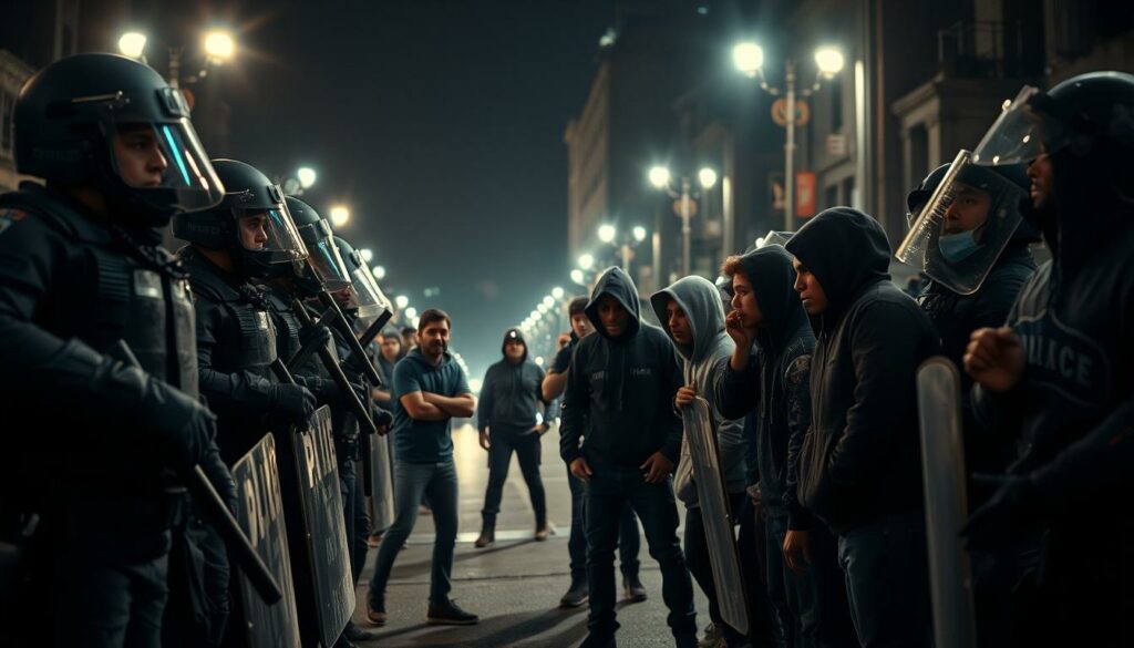 A tense standoff between police officers and a group of defiant youths on a dimly lit urban street. In the foreground, the officers, clad in riot gear, faces obscured by visors, stand ready with batons and shields, a grim determination in their posture. In the middle ground, the youths, some with hoodies pulled low, confront the authorities, bodies tense with a mix of anger and fear. The background is a blurred cityscape, streetlights casting an eerie glow over the scene, adding to the sense of heightened drama and unease. The lighting is harsh, creating sharp contrasts and deep shadows, heightening the sense of confrontation. The camera angle is low, lending a sense of tension and amplifying the power dynamics at play.