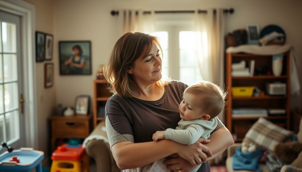 A thoughtful, hardworking woman in her mid-30s, Julia Prokopy, stands in a cozy, sun-dappled living room, her young child nestled in her arms. Julia's expression radiates a bittersweet mix of joy and weariness, her gaze turned inward as she contemplates the challenges and rewards of single motherhood. The room's warm, muted tones and soft, diffused lighting create an intimate, introspective atmosphere, while the clutter of toys and household items suggest the hustle and bustle of daily life. Julia's pose and the child's contented expression convey a sense of connection and resilience, reflecting the strength and dedication required to thrive as a solo parent.