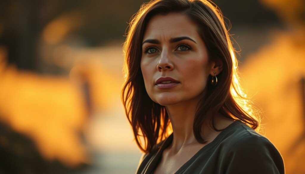 A thoughtful, pensive woman stands at a crossroads, her gaze reflecting the weight of her decisions. The scene is bathed in warm, golden light, creating an atmosphere of introspection and emotional depth. In the background, blurred shapes suggest the complexities of relationships and the path not taken. The woman's expression conveys a sense of contemplation, as she navigates the delicate balance between personal desires and the consequences of her choices. The overall composition evokes a sense of quiet contemplation, inviting the viewer to consider the profound impact of life's important decisions.