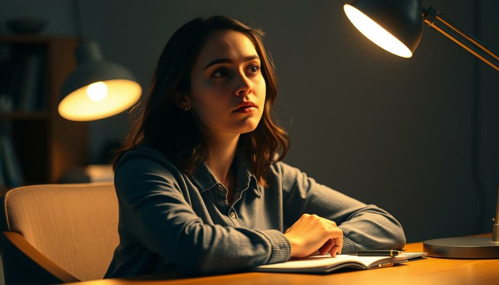 A thoughtful, pensive young woman sits at a desk, her face illuminated by the warm glow of a desk lamp. She gazes into the distance, her expression contemplative as she considers her future plans. The background is softly blurred, placing the focus on her introspective pose. Subtle details, such as a pen and notebook on the desk, suggest she is in the process of mapping out her next steps. The lighting is cinematic, creating a sense of quiet introspection and a touch of drama. The overall mood is one of quiet contemplation, hinting at the woman's ambitions and the potential new chapter in her life.