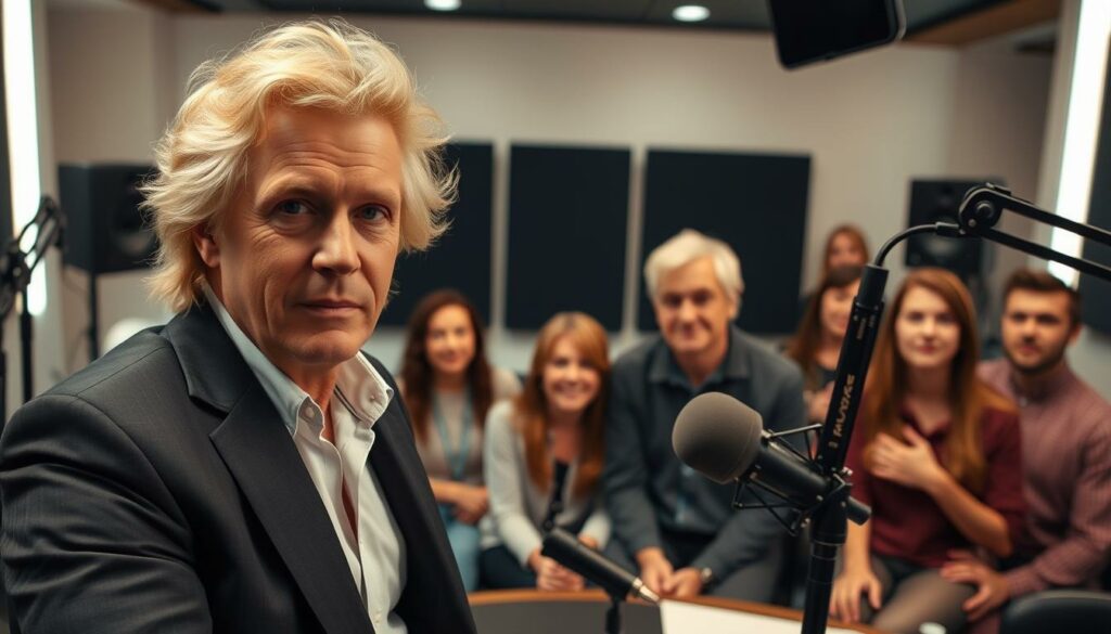 A thrilling surprise appearance on a podcast set, featuring the iconic television personality Thomas Gottschalk. The foreground captures Gottschalk's charismatic presence, his signature blonde hair and stylish attire commanding attention. In the middle ground, the podcast studio audience, their expressions a mix of surprise and delight, as they witness this unexpected guest. The background reveals the podcast's intimate, modern setting, with sleek equipment and a minimalist aesthetic. Soft, warm lighting bathes the scene, creating an atmosphere of excitement and intrigue. The overall composition conveys the sense of a rare, unscripted moment unfolding before the captivated listeners.