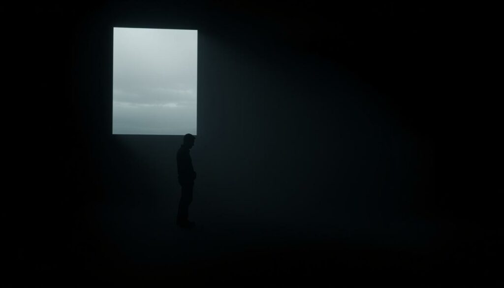 A tranquil, dimly lit room, the air heavy with a profound sense of mourning. In the foreground, a solitary figure stands in a pool of somber light, their silhouette casting a long, melancholic shadow. The middle ground is shrouded in a hazy, muted palette, as if the world has grown quiet in deference to the weight of this moment. In the background, a single window frames a distant, mournful landscape, the sky a tapestry of muted grays and blues, mirroring the emotional turmoil within. Soft, diffused lighting filters through, casting a gentle, introspective glow over the scene, lending a sense of contemplation and quiet resilience. The overall mood is one of profound, yet dignified, grief – a "stille lücke Trauerbewältigung," a quiet space for the process of mourning and healing.